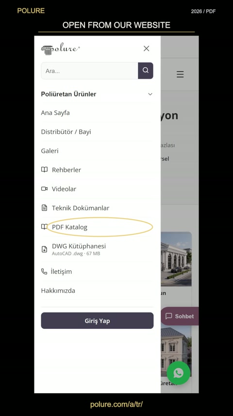 Il menu mobile espanso evidenzia la voce di navigazione del catalogo PDF.
