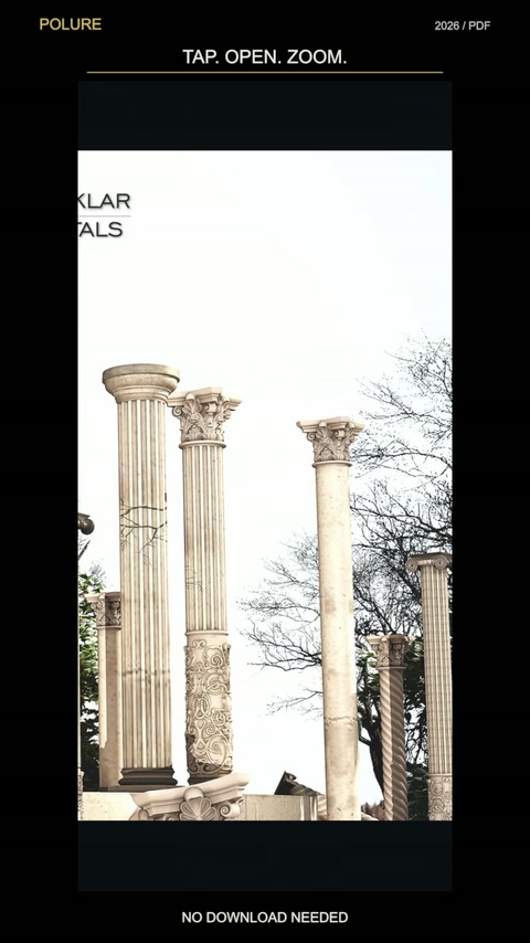 La pagina del catalogo a schermo intero mostra vari progetti di colonne decorative classiche.