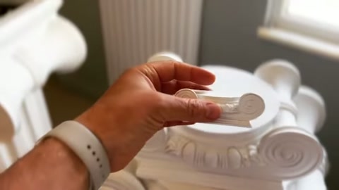 A small white element is positioned on the central surface of a volute capital.
