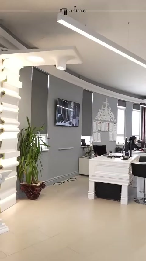 Showroom con pareti grigie, tavoli, piante e profili a soffitto