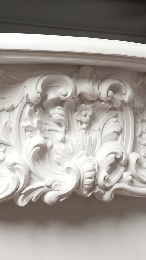 L'ingrandimento del fregio centrale mostra fogliame arricciato e un piccolo ornamento floreale al centro