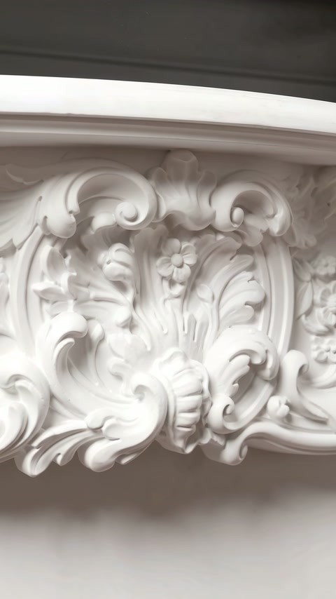 Gli ornamenti a voluta simmetrica si estendono sul fregio bianco del ripiano sotto lo scaffale