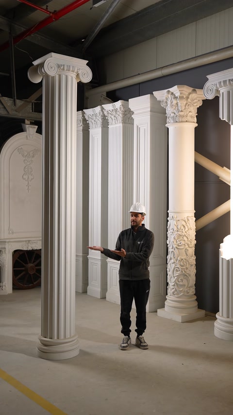Fluted and relief-decorated decorative column varieties presented together