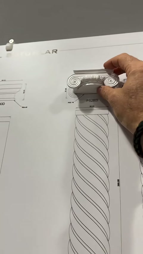 Il capitello della colonna con volute è posizionato sopra lo schema del corpo elicoidale