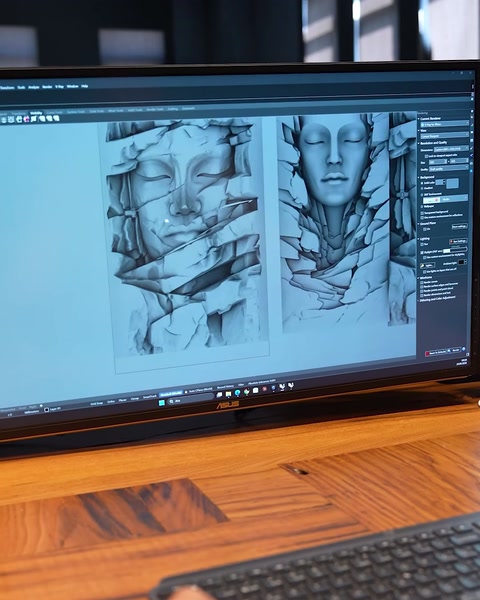 Lo schermo del computer mostra disegni di rilievo scultoreo dettagliati per la produzione personalizzata