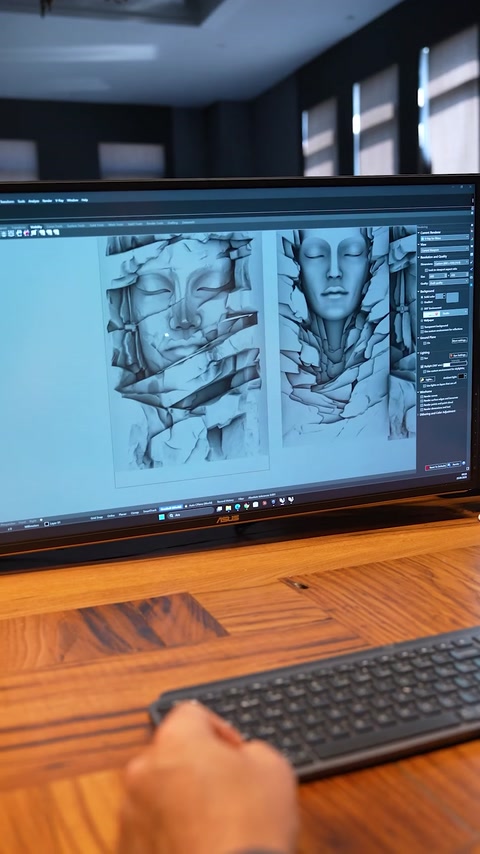 Computer screen shows detailed sculptural relief designs for custom production