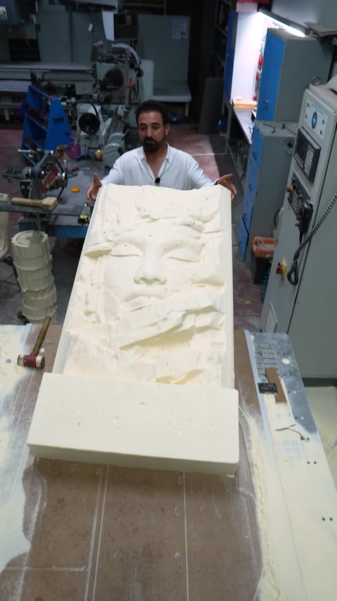 Finished sculptural panel with a prominent face relief is presented