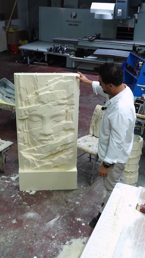 Worker handles a curved decorative element beside the relief panel