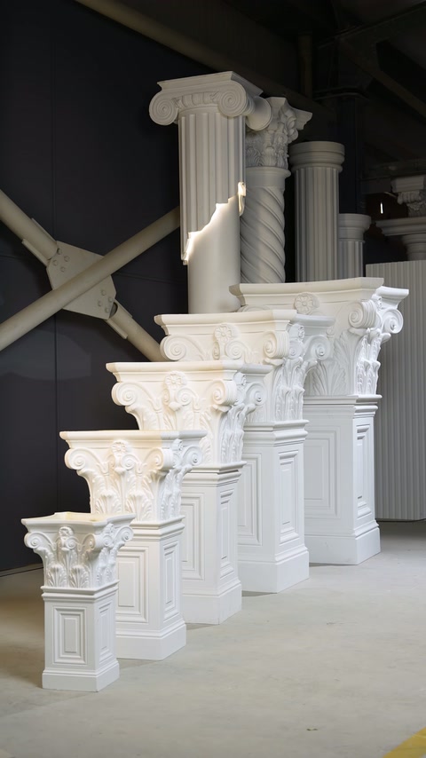 Graduated Corinthian-style capitals stand on paneled pedestals inside the showroom