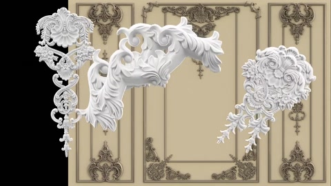 Floral-motif polyurethane decorative corner pieces are exhibited