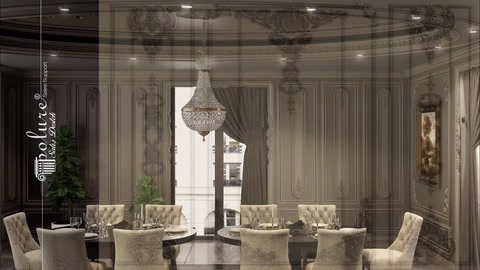Ceiling and wall ornaments are applied in a classical dining room setting
