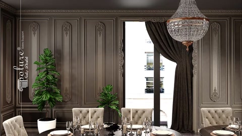 Wall panels and decorative details are visible in a modern classical interior space