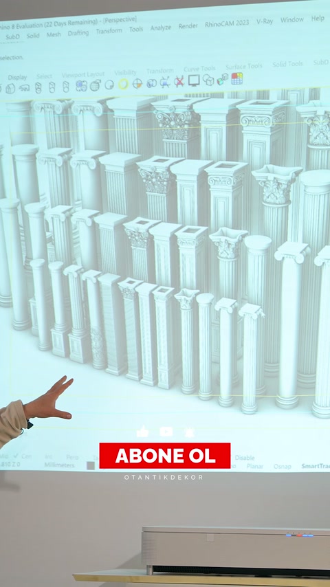 Projeksiyonda çok sayıda beyaz sütun modeli ayrıntılı biçimde sıralanıyor.