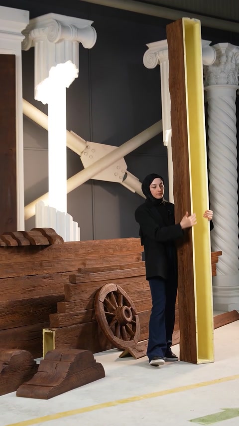 Presenter holds slender polyurethane pole beside beam display