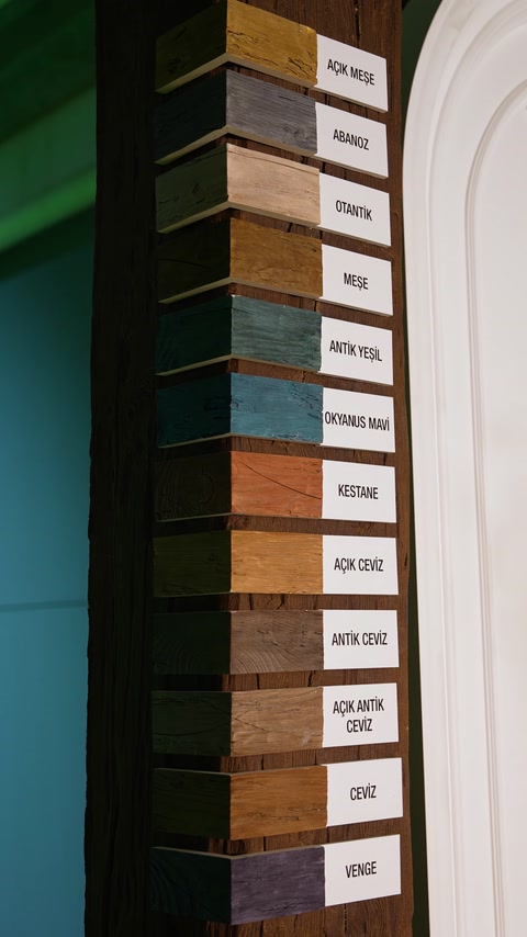 Wall-mounted color sample panel with various wood tone finishes