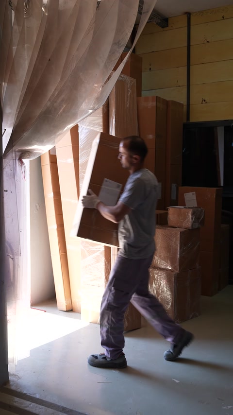 A worker moves packaged architectural elements inside the warehouse.
