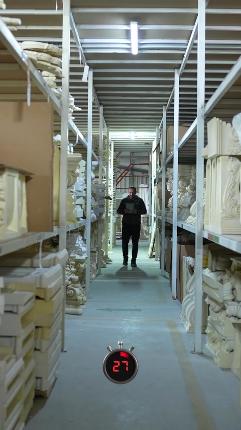 Organized warehouse aisles display polyurethane architectural profiles and ornaments.