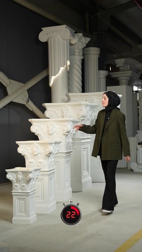 Showroom display presents ornate columns, capitals, pilasters, and decorative bases.
