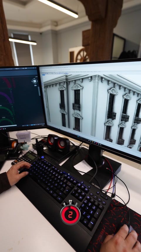 Designer reviews a detailed three-dimensional facade model on dual monitors.