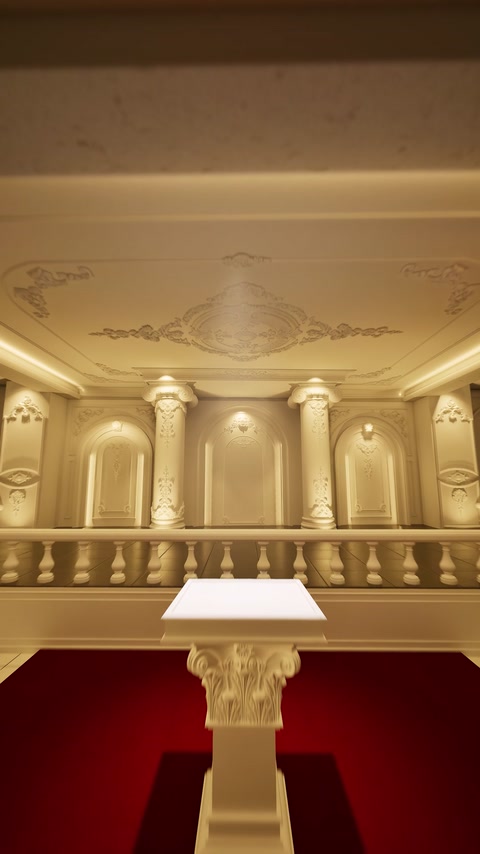 Classical interior combines ceiling ornament, balustrades, columns, and a pedestal.