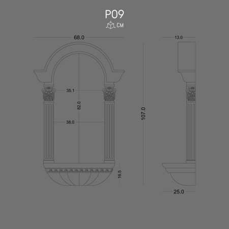This decorative polyurethane niche presents a refined classical villa style with symmetrical columns, an arched shell-inspired crown, and detailed ornamental motifs. The smooth white finish emphasizes its sculptural form