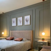 Modern Classic Bedroom with Polyurethane Minimalist Wall Molding Modern Classic Bedroom WallsThe bedroom showcases polyurethane wall molding that frames geometric rectangular panels, add