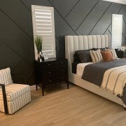 Modern classic bedroom with polyurethane wall panel details Modern Classic Bedroom DesignThis bedroom embraces the essence of the modern classic style by balancing geometric precisi