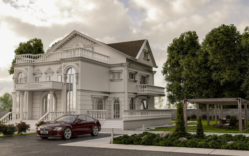 Poliüretan klasik villa dış cephe tasarımında estetik ve zarafet <h2>Klasik Mimariyi Yansıtan Poliüretan Dış Cepheler</h2>
<p>Villa tasarımlarında dış cephe, estetik ve kimlik açısından en önemli unsurlardan biridir. Poliüretan malzeme kullanılarak oluşturulan dekoratif detaylar, özellikle klasik mimariyi modern yapı teknikleriyle birleştirme imkanı sunar. Dayanıklı yapısıyla uzun yıllar formunu koruyan bu malzeme, dekoratif kabartmalar, sütun başlıkları ve balkon korkuluklarında zarif bir bütünlük oluşturur.</p>

<h2>Estetik ve Fonksiyonelliğin Dengesi</h2>
<p>Köşelerdeki sütun detayları, balustradlı balkonlar ve kemerli büyük pencereler klasik tarzın vazgeçilmez unsurlarıdır. Parlak beyaz dış cephe rengi, yeşil bahçe düzenlemesiyle bütünleşerek göze hitap eden bir uyum yaratır. Bahçedeki dinlenme alanları ve gölgelik yapılar dış mekan kullanımını artırırken, evin şıklığını tamamlayıcı bir rol üstlenir.</p>

<h2>Müşteri Beklentilerine Uygun Çözümler</h2>
<p>Her villa sahibinin beklentisi farklıdır. Poliüretan dış cephe tasarımları, ince işçiliği ve farklı kombinasyon olanaklarıyla kişiselleştirilmiş çözümler sunar. Hem modern yaşam ihtiyaçlarına uygun hem de geleneksel sanat estetiğini yansıtan bu uygulamalar, villalara kalıcı bir değer kazandırır.</p>

<ul>
  <li>Dayanıklı ve hafif yapı malzemesi</li>
  <li>Klasik mimari detayların öne çıkarılması</li>
  <li>Bahçe ile bütünleşen estetik tasarım</li>
  <li>Müşteriye özel dekoratif çözümler</li>
</ul>

<p>Sonuç olarak, poliüretan villa dış cephe tasarımları, hem estetik zarafeti hem de fonksiyonel kullanımı bir araya getirerek klasik tarza yeni bir soluk katmaktadır.</p>