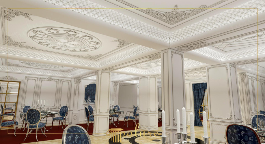 Elegant Polyurethane Classic Interior Wedding Hall Design Concepts <h2>Polyurethane and Classical Interior Art for Wedding Halls</h2><p>The use of <strong>polyurethane</strong> in decorative interior design enables intricate detailing and lasting beauty, offering both durability and elegance. In this wedding hall, classical artistry is celebrated through carefully composed ceiling medallions, delicate floral motifs, and lattice-patterned surfaces that reflect refined craftsmanship.</p><p>Richly adorned wall panels, accentuated with slender borders and ornamental reliefs, serve as a frame that enhances the ceremonial character of the space. Columns are finished with subtle moldings, further emphasizing the structural sophistication. The soft cream background contrasts with deep blue upholstery featuring patterned fabric, which intensifies the sense of regal ambiance.</p><h2>Geometric and Decorative Motifs</h2><p>The ceiling design integrates oval medallions surrounded by botanical motifs and geometric diamond grids. These lattice-like patterns, when illuminated, amplify the hall’s depth and texture while directing the focus toward central gathering areas. Floor treatments with red carpeting and pale-toned parquet echo the geometry and rhythm of the ceiling, creating harmony within the vertical and horizontal axes of the room.</p><p>Historically, such ornamentation finds its roots in Baroque and Neoclassical periods, where ceilings and columns were treated as narrative surfaces. The reinterpretation in polyurethane presents an accessible and lightweight way to achieve similar aesthetics without compromising durability.</p><h2>Overall Atmosphere</h2><p>The hall’s ambience strikes a balance between majesty and intimacy. White walls with decorative borders maintain luminosity, while golden linear accents refine the luxury feel. Chairs with curving legs and carved details connect the new materiality of polyurethane with classical furniture traditions. Together, they form an interior ideal for formal ceremonies, reflecting artistry as well as functionality.</p><ul><li><strong>Polyurethane</strong> moldings for precision detailing</li><li><strong>Classical design</strong> motifs for timeless appeal</li><li><strong>Ornamental ceilings</strong> with geometric structures</li><li><strong>Luxury atmosphere</strong> suitable for wedding ceremonies</li></ul>

<p>This interior wedding hall design demonstrates how <strong>polyurethane</strong> can reproduce classical ornamentation with precision. The space features ornate ceilings decorated with medallions and geometric lattice details. Decorative panels with moldings frame the walls elegantly. Deep blue patterned upholstered chairs create contrast with the cream surfaces. Red carpet flooring introduces warmth and formality to the setting. The interplay of light against the lattice ceiling adds depth and character. Intricate <strong>classical design</strong> details evoke ceremonial grandeur. Columns with subtle borders enhance the harmony of the hall. Soft neutral tones ensure brightness across the room. Historical references echo neoclassical and baroque decorative traditions. The use of <strong>ornamental ceilings</strong> balances symmetry and texture. Golden linear accents subtly refine the ambience. Traditional furniture curves connect with architectural details. A sense of <strong>luxury atmosphere</strong> emerges naturally. The overall composition unites artistry with function, resulting in a timeless wedding hall environment.</p>