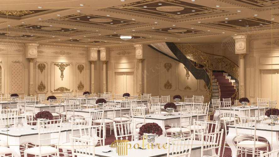 Timeless Elegance of Polyurethane Classic Wedding Hall Decoration <h2>Classic Polyurethane Elegance</h2><p>The design of this wedding hall is centered on <strong>polyurethane</strong> details that enrich the space with depth, harmony, and timeless refinement. Every wall panel is decorated with sculptural patterns and golden reliefs, providing a sense of royal atmosphere while remaining inviting for celebratory gatherings.</p><p>The ceiling is enriched with geometrical motifs, gilded frames, and recessed lighting, producing a luminous effect that highlights the hall’s spaciousness. The <strong>ornamental motifs</strong> on the panels draw inspiration from ancient Corinthian and Rococo influences, echoing classical aesthetics with a modern functional arrangement. Short historical references to Corinthian capitals are noted in the detailed column work, reflecting the long tradition of wedding architecture in evoking grandeur.</p><h2>The Role of Geometry and Ornament</h2><p>Geometric panels, floral bas-reliefs, and curvilinear motifs are carefully placed to create rhythm throughout the space. The grand staircase covered with a deep maroon runner leads upward with a golden balustrade of swirling leaf patterns, giving the guests an unforgettable focal point. This <strong>wedding hall design</strong> utilizes geometric harmony not only in ceilings but also in the integration of wall recesses and sculptural medallions. Every section demonstrates the usage of classic <strong>ornament</strong> composition.</p><h2>Harmony of Furniture and Decoration</h2><p>The white chairs and rectangular tables reflect contemporary clarity while carrying detailed carvings that echo the surrounding decorations. The tables are balanced with deep maroon bouquets, aligning with the carpet and staircase runner to create unity. Such a juxtaposition of light and intense tones delivers contrast and balance, enriching the experience without overwhelming the space. The integration of <strong>classical columns</strong> and wall articulation connects the hall to historic decorative traditions, yet every aspect is tailored to modern event requirements.</p><ul><li>Polyurethane wall ornaments with golden details</li><li>Ceiling panels with geometric gilded highlights</li><li>Grand staircase with maroon runner and golden balustrade</li><li>White furniture paired with deep maroon floral accents</li></ul>

<p>The wedding hall showcases a fusion of classic beauty and modern function. Polyurethane details emphasize durability and grandeur. The ceiling incorporates geometric panels with intricate gilding. Lighting highlights the richness of ornamental compositions. Walls feature golden reliefs with sculptural motifs. A staircase introduces movement and regal flair. The golden balustrade is designed with scrolling leaf patterns. White furniture adds clarity and refinement. Maroon floral arrangements balance the color scheme. Every decorative element works in harmony. The use of <strong>polyurethane</strong> ensures lasting elegance. <strong>Ornament</strong> is strategically placed for rhythm. <strong>Classic columns</strong> echo ancient traditions. The <strong>wedding hall design</strong> aligns beauty with utility. Together these details craft a timeless memory.</p>