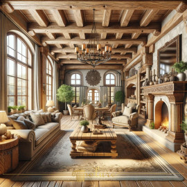 Rustic and Classic Living Room with Polyurethane Beams and Carved Fireplace Rustic Elegance with Polyurethane BeamsThis design exemplifies how polyurethane beams can provide structural aesthetics w
