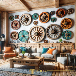 Rustic Living Room with Polyurethane Beams and Wagon Wheel Wall Decor Rustic Elegance with Polyurethane BeamsThe interior space is elevated through the integration of polyurethane beams, whic