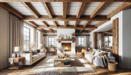Rustic Living Room with Polyurethane Beams and Log-inspired Decorative Design Rustic Elegance in Modern Living RoomsThe use of polyurethane beams styled to resemble natural logs creates a timeless se