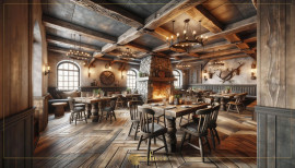 Rustic polyurethane beams and classical taverna interior design inspiration Rustic Atmosphere with Polyurethane BeamsThe use of polyurethane beams allows a restaurant environment to achieve the loo