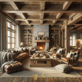 Rustic and Modern Living Room with Polyurethane Wooden Beams Rustic Structure and Modern EleganceThe living room showcases a fusion of rustic and modern aesthetics, built around strong wooden