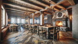 Rustic Tavern Design with Polyurethane Beams and Warm Classic Interiors Warm Atmosphere with Polyurethane BeamsPolyurethane beams serve as both decorative and structural design elements, imitating the look of n
