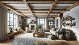 Modern Rustic Living Room with Polyurethane Beams and Classic Warm Decor Modern Rustic Atmosphere with Polyurethane BeamsThe ceiling design is defined by polyurethane beams that bring the rustic