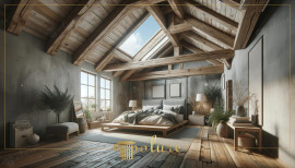 Rustic Bedroom with Polyurethane Beams and Modern Minimalist Design Rustic Beams and Geometry in Bedroom DesignThe exposed polyurethane beams form a remarkable framework that gives the ceil