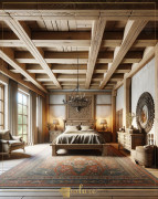 Rustic Bedroom Design with Polyurethane Beams and Decorative Ceiling Details Rustic Elegance with Polyurethane BeamsA key feature of this interior is the ceiling pattern created by polyurethane beams