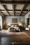 Rustic and Classic Bedroom with Polyurethane Beams and Ornamental Details Rustic and Classical HarmonyThe bedroom merges polyurethane beams with traditional design elements to create a timeless a