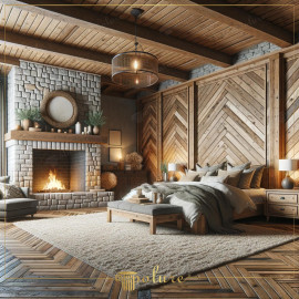 Modern Comfort with Rustic Warmth Bedroom with Fireplace Equipped with Polyurethane Beams The bedroom in the image offers a modern interpretation of rustic decoration, enriched with polyurethane beams, logs and rafters and completed with a 