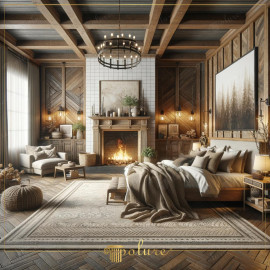 Rustic Bedroom Design with Polyurethane Beams and Classic Fireplace Rustic Elegance with Polyurethane Beams
The bedroom design highlights the use of polyurethane beams on the ceiling, creat