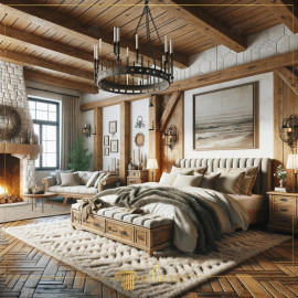 Rustic and Classic Bedroom Design with Polyurethane Beams Rustic Elegance with Polyurethane BeamsThe bedroom showcases the seamless blend of classic and rustic de