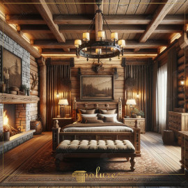 Warm Touch of Wood: Polyurethane Beam and Log Details in Rustic Bedroom Design This rustic bedroom creates a warm atmosphere with rich wood details and polyurethane beams. The space combines the natural texture of logs and rafter