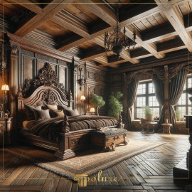 Rustic and Classical Bedroom with Polyurethane Wood Beams Rustic Elegance with Polyurethane BeamsThe room embodies timeless sophistication, where polyurethane beams are emphasized