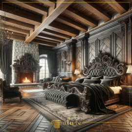 Timeless Magnificence Rustic Bedroom Decorated with Polyurethane Wooden Beams This bedroom displays the timeless splendor of the classic rustic style with the warmth of polyurethane wooden beams and the elegant touches of wooden