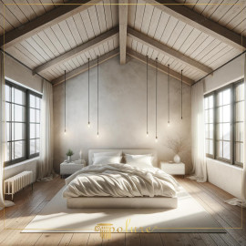 A Bright and Peaceful Bedroom with Minimalist Rustic Polyurethane Wooden Beams This bedroom reflects the simple beauty and functionality of the minimalist rustic style in perfect harmony with the polyurethane wooden beams. The li