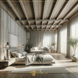 Modern Rustic Bedroom with Polyurethane Details and Wooden Harmony Modern Rustic Bedroom AtmosphereThe bedroom design highlights the subtle coexistence of wooden textures and polyurethane 