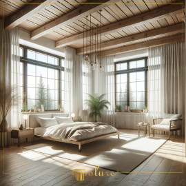 Rustic Bedroom Design with Polyurethane Wooden Beams and Natural Light Rustic Elegance with Wooden Beam AccentsThe bedroom showcases an inviting blend of rustic and modern styles, defined by the placement of 