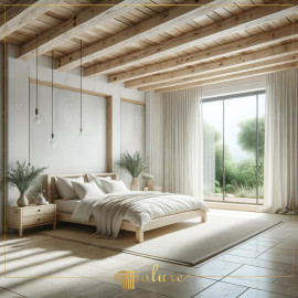 Rustic Bedroom with Polyurethane Wooden Beams and Minimalist Bright Design Rustic Elegance with Polyurethane BeamsThis interior design showcases a rustic bedroom that merges warmth with modern sim